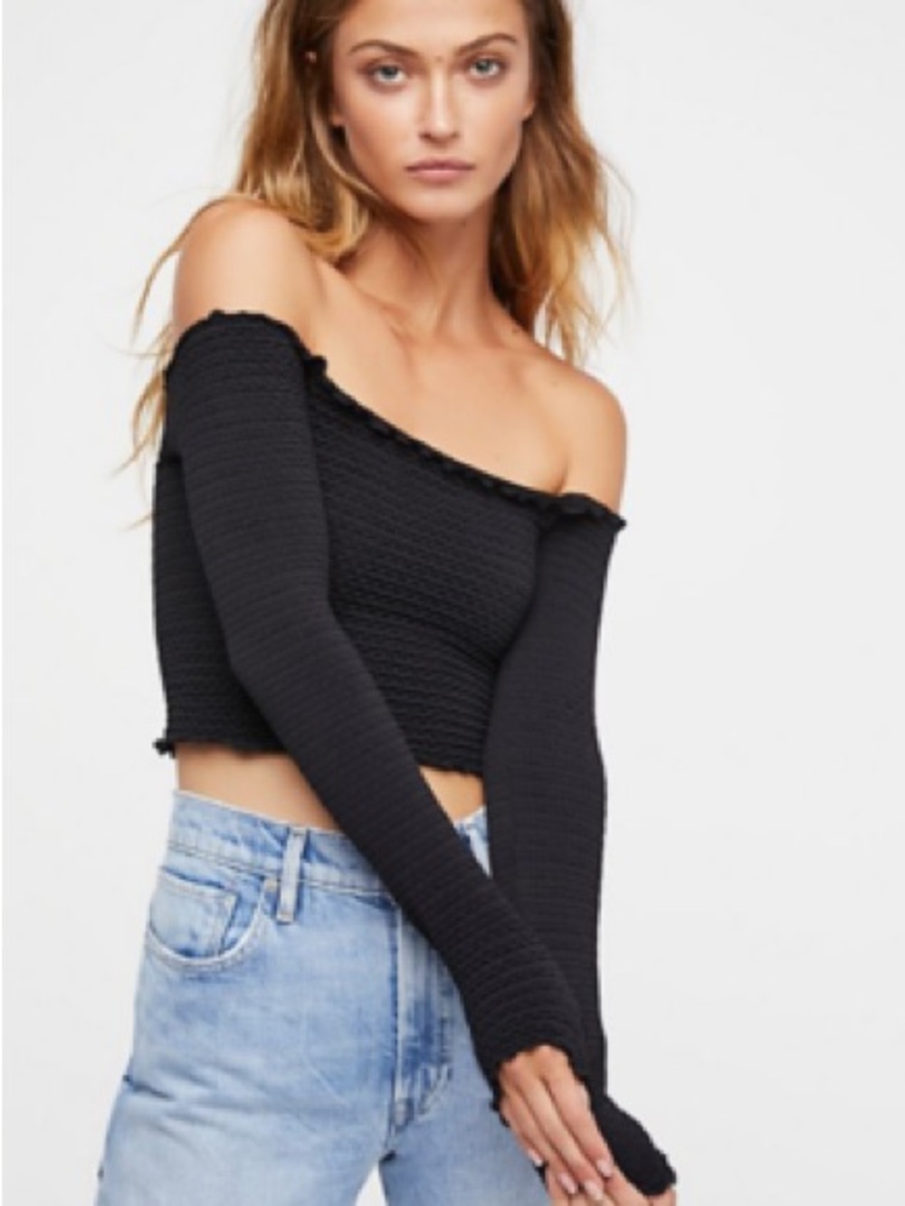 Intimately Free People Black Textured Lettuce Off Shoulder Crop Top Stretch Tee